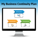 My Business Continuity Plan, computer screen showing three colorful arrows and icons for three My BCP pathways in the app