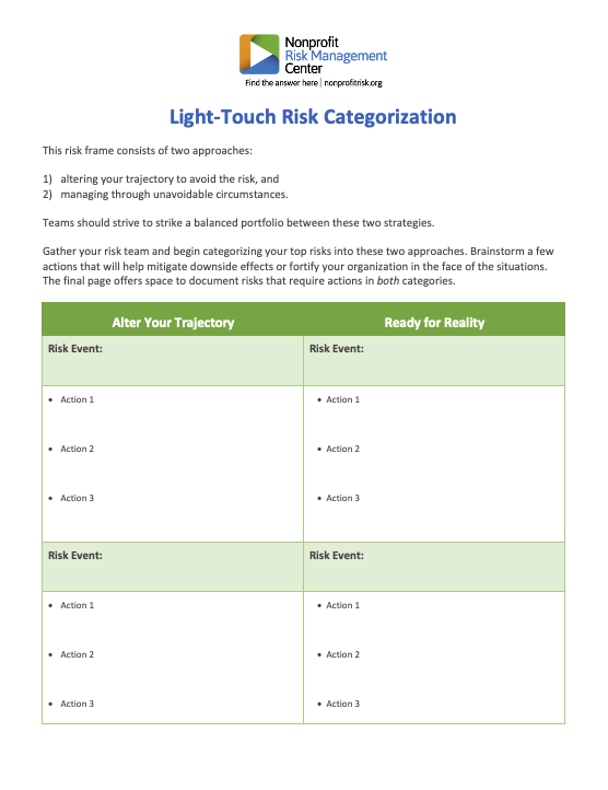 screenshot of the first page of the Light-Touch Risk Categorization worksheet