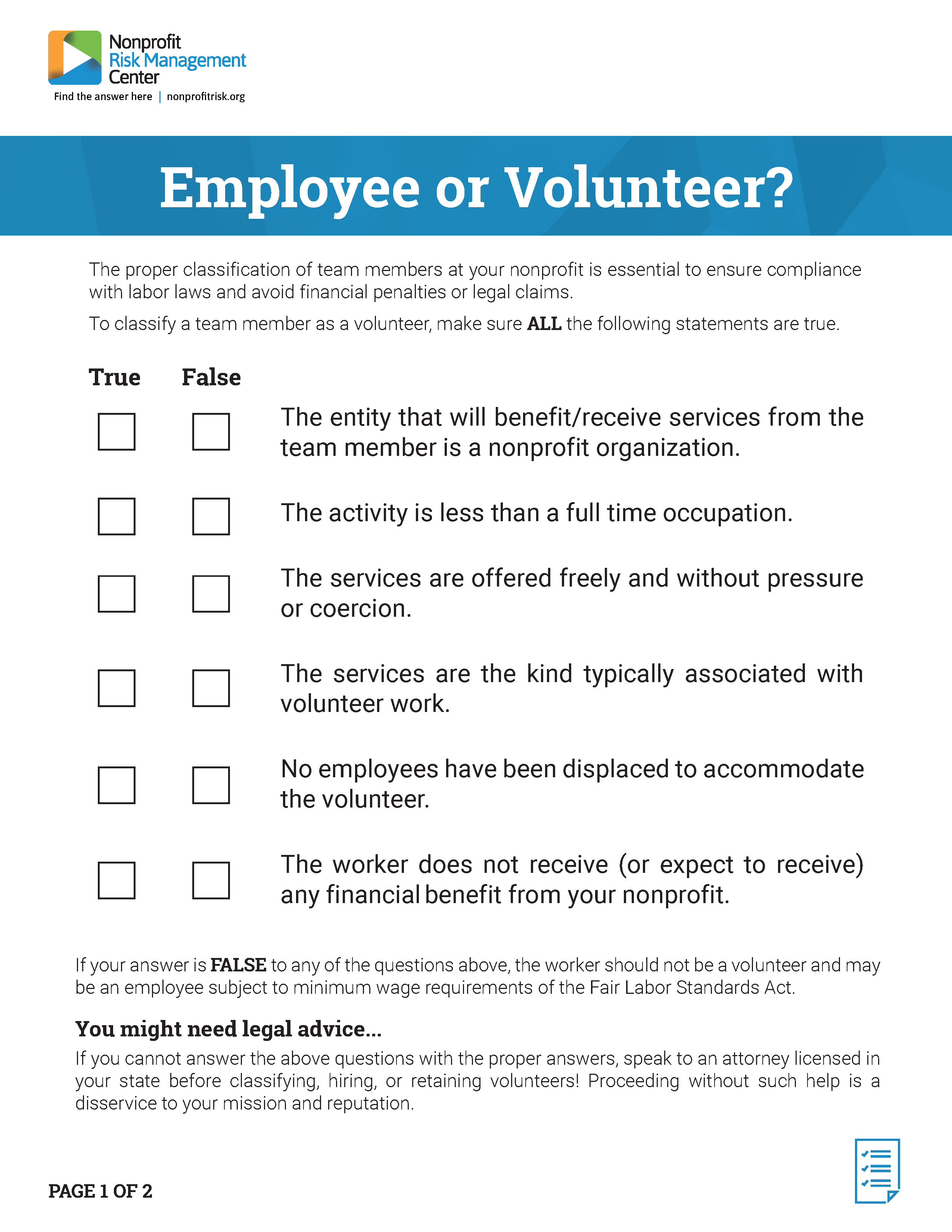 Screenshot of Employee or Volunteer? Checklist