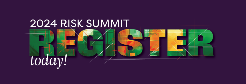 2024 Risk Summit registration banner. The text REGISTER has green, organte, and yellow abstract art filling the letters.