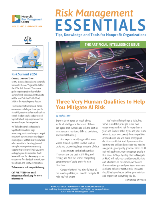 Nonprofit Risk Management Center Risk Management Essentials Artificial Intelligence Issue